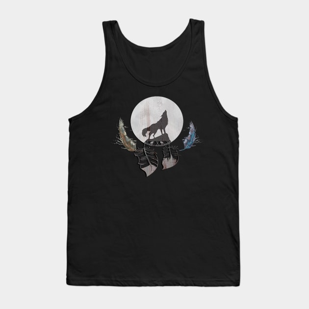 Cool Wolf Howling at Moon Graphic Design Feather Southwestern Dream Catcher Tank Top by tamdevo1